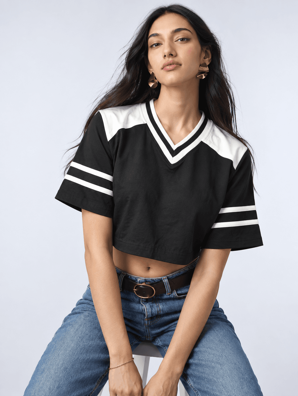 Black Varsity Crop Top in Jet Black — front view