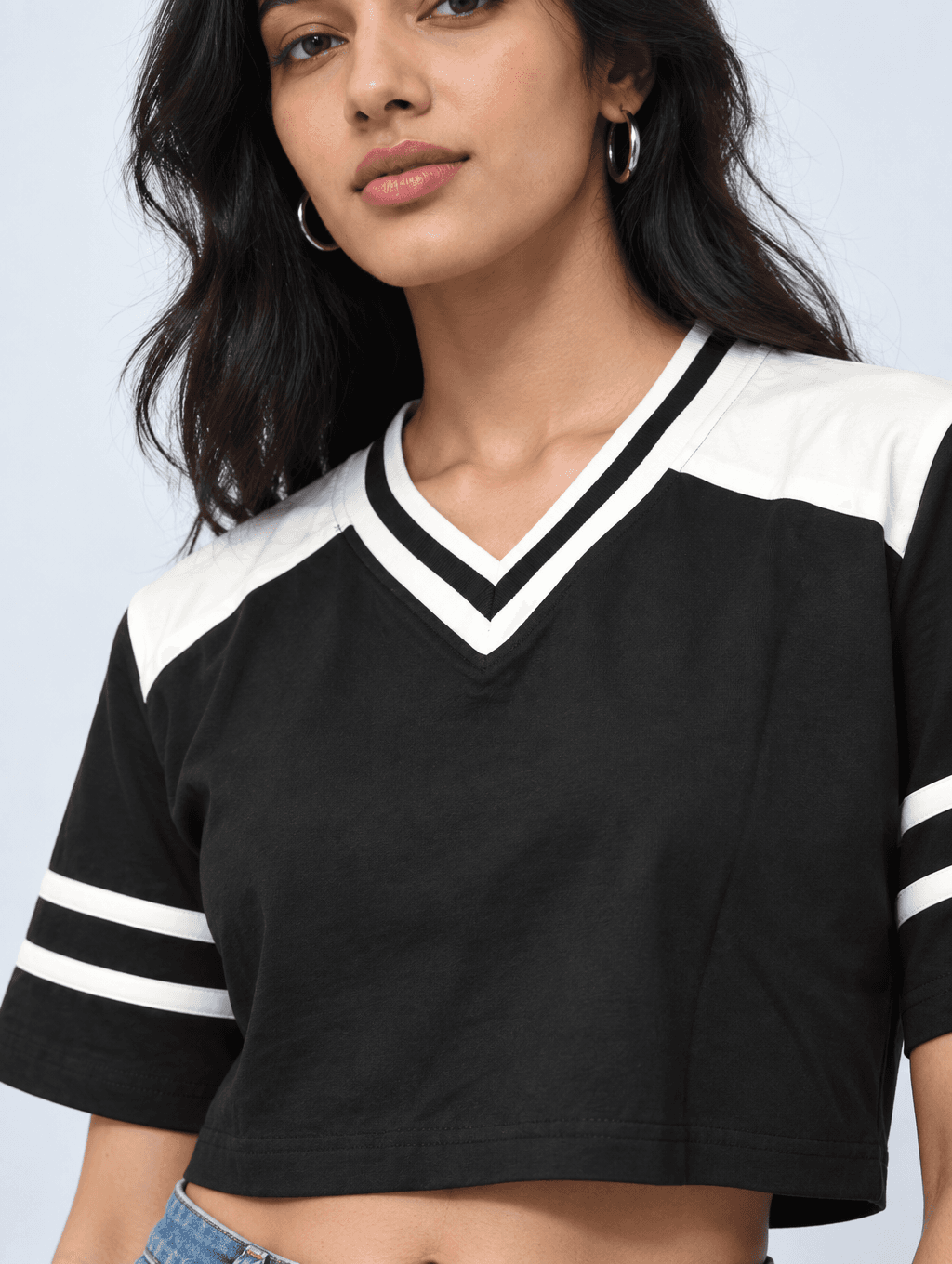 Black Varsity Crop Top in Jet Black — detail view