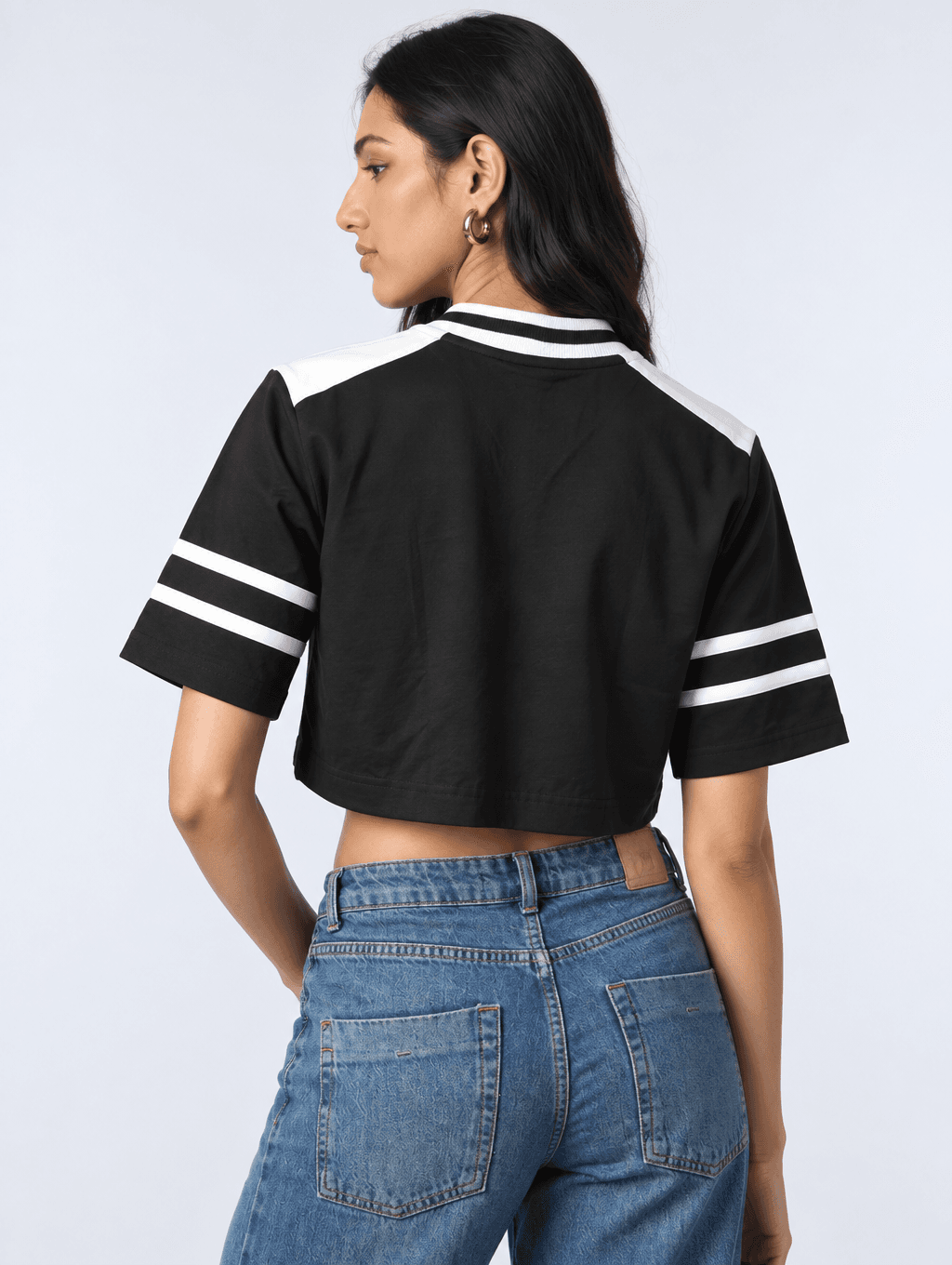 Black Varsity Crop Top in Jet Black — back view