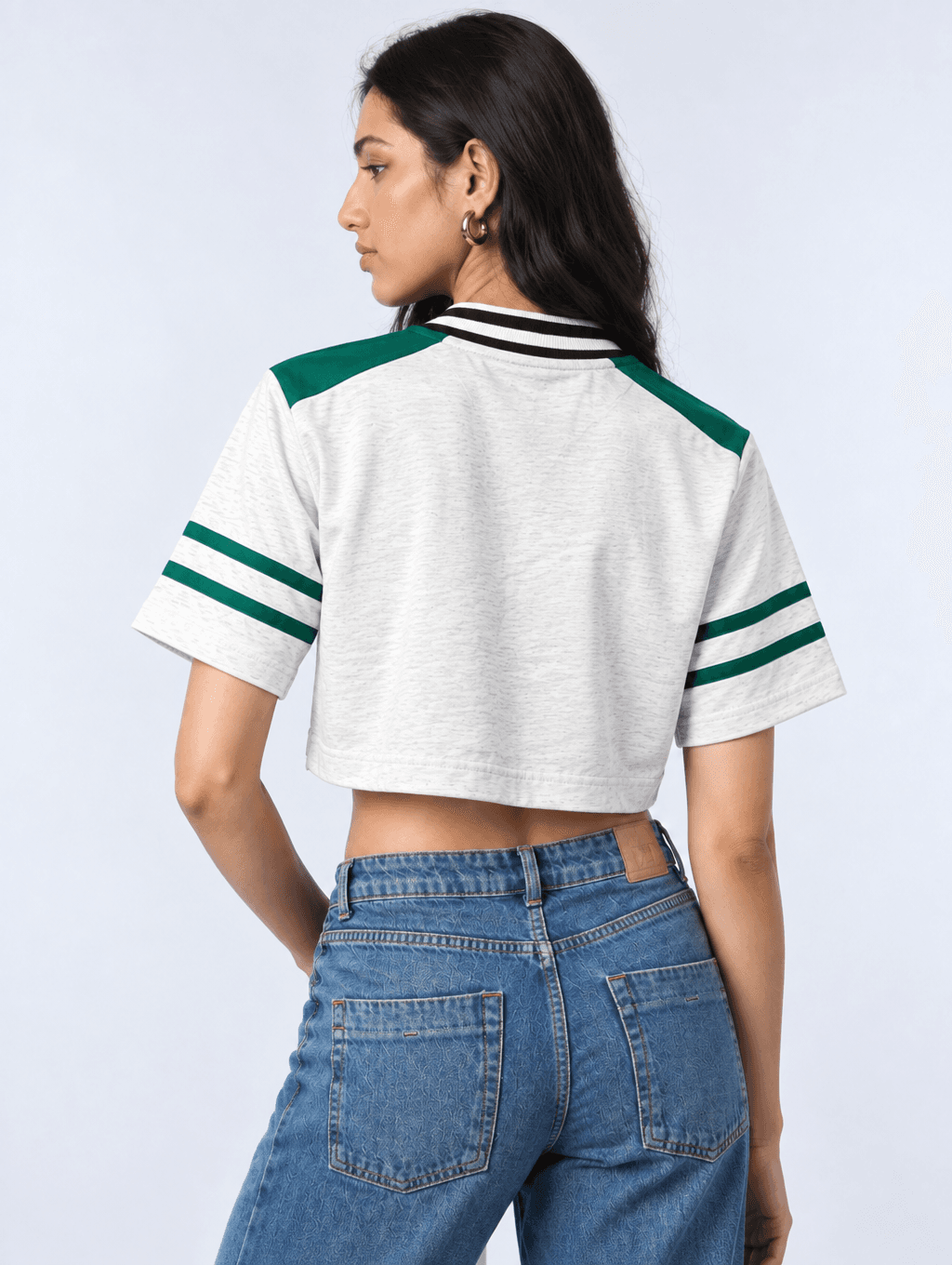 Green Varsity Crop Top in Transformative Teal — back view
